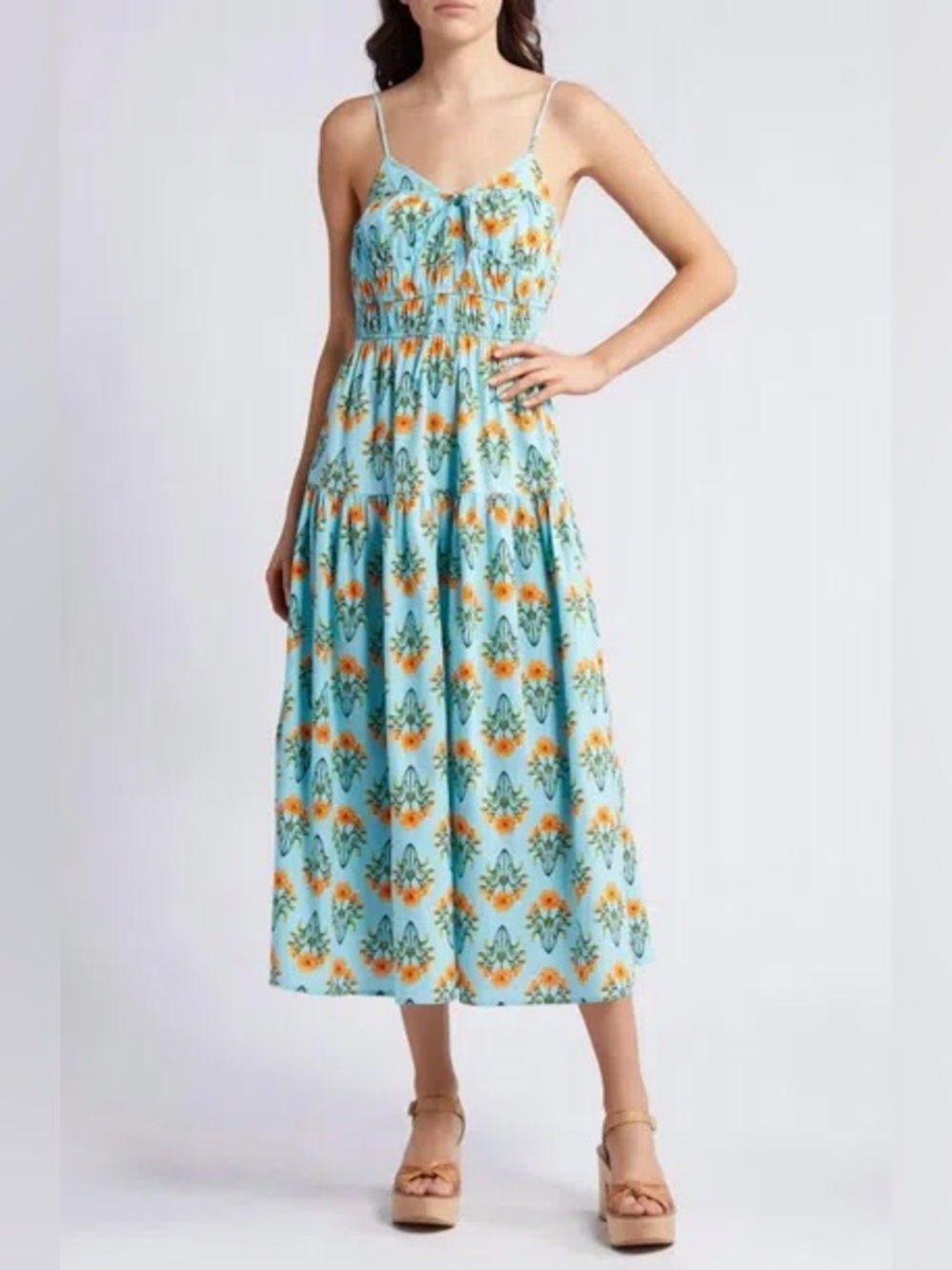 Moon River Floral Print Cotton Midi Dress